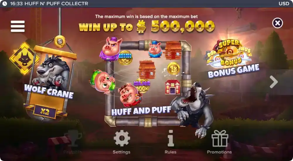 Huff n Puff CollectR max win AUD 500,000 – Wolf Crane x2 and Bonus Game screen.