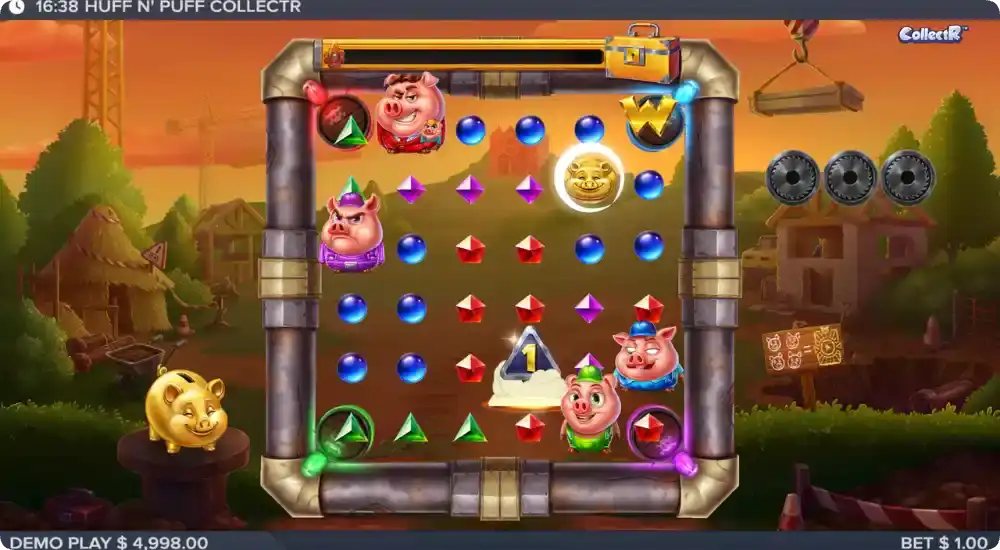 Huff n Puff CollectR gameplay – 6×6 grid with pigs, gems and CollectR meter, demo play AUD 4,998.