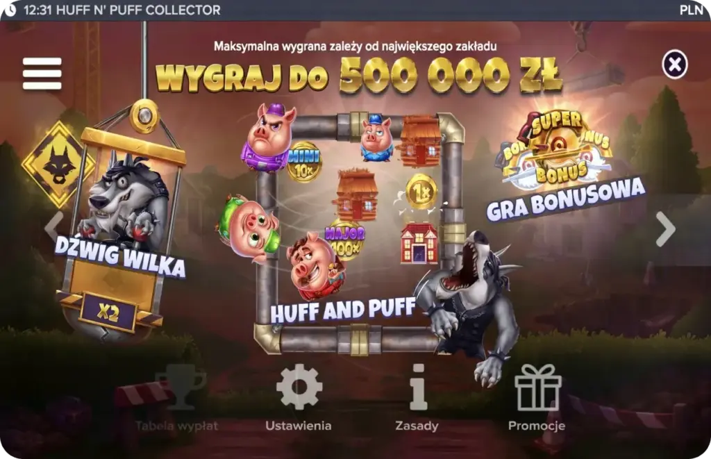 Huff n Puff CollectR maks. wygrana 500 000 zł – ekran Wolf Crane x2 i Bonus Game.
