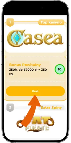 Wyświetlanie kasyna Casea z bonusem powitalnym 350% do 67 000 zł + 350 FS i strzałką na przycisk 