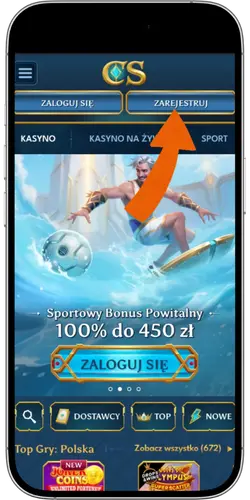 Strona logowania/rejestracji w kasynie z bonusem sportowym i strzałką wskazującą przycisk 